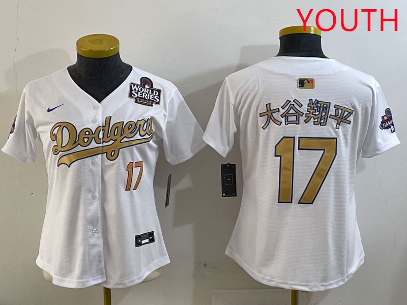 Youth Los Angeles Dodgers #17 Ohtani White Champion gold character 2025 Nike MLB Jersey style 8->youth mlb jersey->Youth Jersey